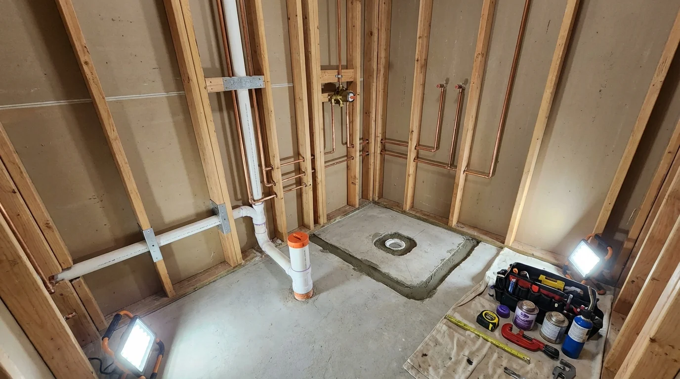 Bathroom rough-in plumbing during remodel by Johns Plumbing LLC in Atmore