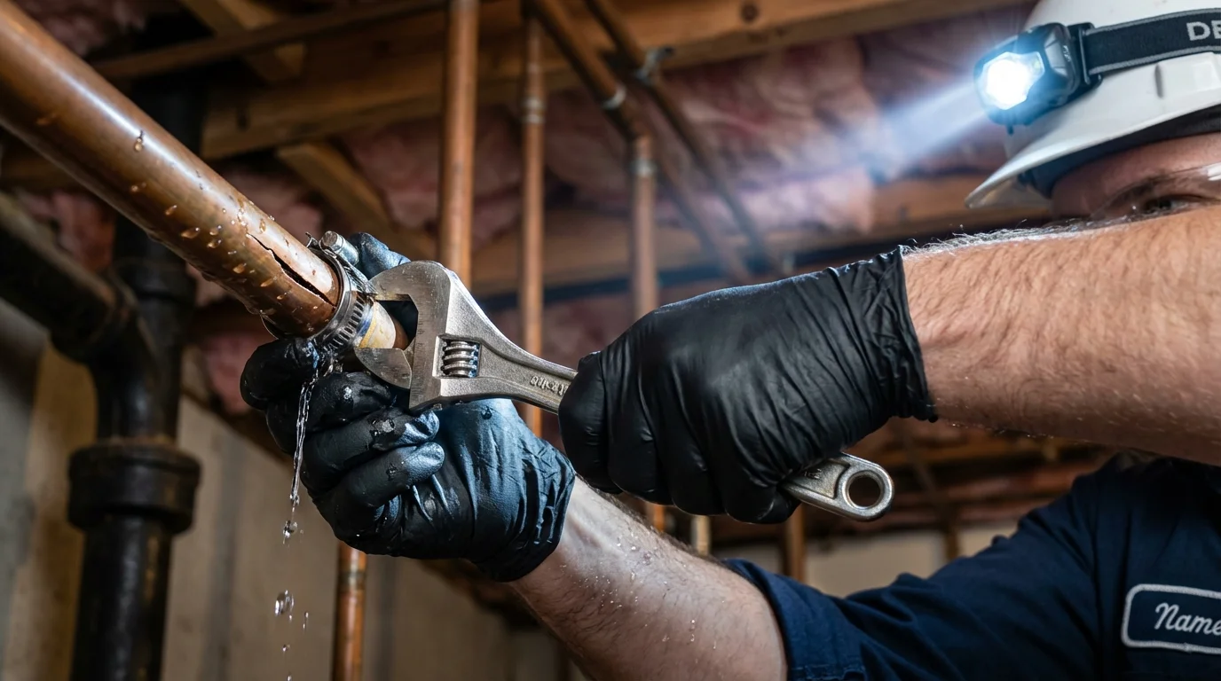 Emergency pipe clamp repair being performed by a Johns Plumbing LLC plumber in Atmore
