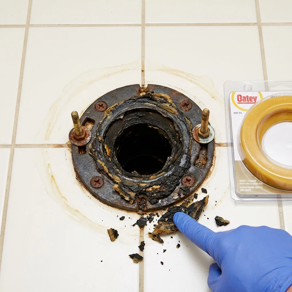 Failed wax ring showing water seepage at the base of a toilet in a Atmore, AL home